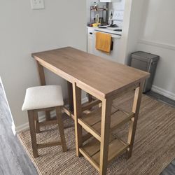 mopio Kelly Solid Wood Counter Table Set with 2 Boucle Stools, 3-Piece Small Dining Kitchen Island Table Set for 2, with Storage Shelves