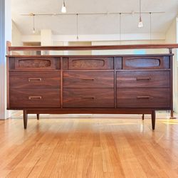 9 Drawer MCM Credenza/Dresser Featuring Walnut & Burl wood