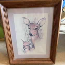 MCM Vintage Framed Print Paul Whitney Hunter Deer Fawn Doe Matted Glass Framed