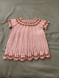Handmade Pink and Brown Crocheted Baby Dress 6 - 12 months