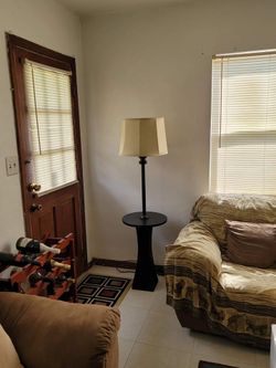 INDOOR OUTDOOR FLOOR LAMP WITH TRAY TABLE AND NATURAL LINEN SHADE