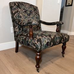 Vintage Design Louis XVI Style Oversized Green Armchair w/ Caster Wheels and Nailhead Pins