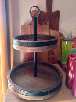 Large two tier wood  turn-table tray