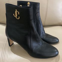 Jimmy Choo Black JC Gold Logo Leather Ankle Booties Size 7.5