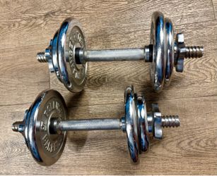 Adjustable Spin-lock Cast Iron Chromed Dumbbells w/ pairs of 5s a d 3s pounders. Total:42 lbs