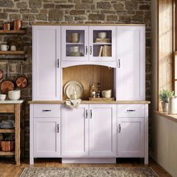 71" Large Kitchen Pantry Cabinet with Hutch, Modern Farmhouse Buffet Sideboard with 16 Storage Compartments, Coffee Bar Station - Light Grayish White