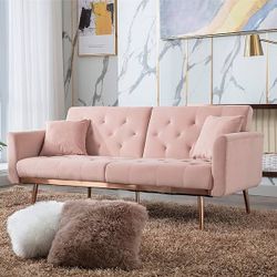 Mid Century Velvet Fabric, Modern Folding, Convertible Futon Bed, Recliner Couch Accent Loveseat Sofa with Rose Gold Metal Feet, Pink