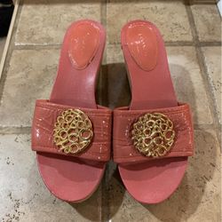 Coach Patent Leather Signature Judith Wedge Cork Heel Sandals Size 6.5 Mauve