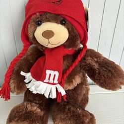 New W Tags M&M's World Bear Plush Stuffed Animal Toy 14 Inch with Red Hat and Scarf 