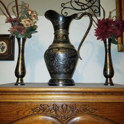 X3 VINTAGE ORNATE  ETCHED BRASS XL 18" INDIA PITCHER FLOWER VASE ACCENT TABLE DECOR ART SET TRIO
