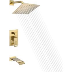 sumerain Wall Mount Tub and Shower Faucet Set Brushed Gold with 8 Inch Shower Head, Waterfall Tub Spout and Anti-scalding Pressure Balance Valve