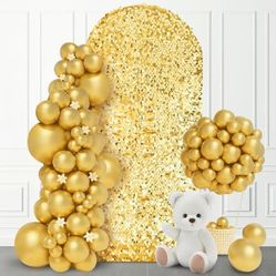 SaitiMade 7.2 FT Bling Arch Backdrop Cover, Gold Sequin Wedding Arch Stand Cover, Round Top Fitted Chiara Backdrop Cover for Birthday Party Ceremony B