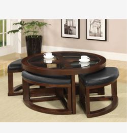 Round Coffee Table with 4 Ottomans