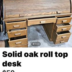 Oak Roll Top Desk…. Many Compartments