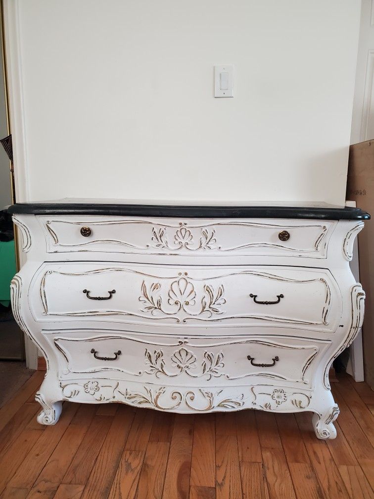 French Provincial Dresser with Black Marble Top โ 3 Drawers
