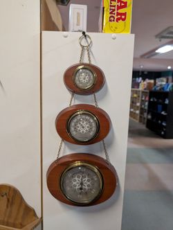 Vintage Wooden Weather Station Wall Hanging With Thermometer Barometer Hygrometer