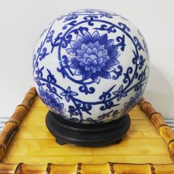 Large Vintage Blue and White Decorative Sphere with Rosewood Base