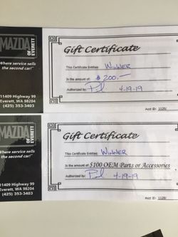 Mazda dealer/mechanic gift certificates