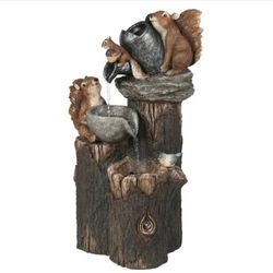NEW - OUTDOOR/INDOOR - LuxenHome Resin Squirrels On Posts Fountain w/LED Lights