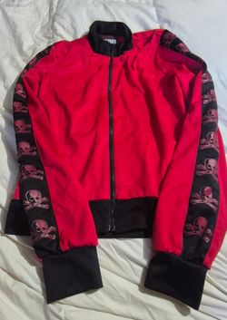 Red and Black Skull Print Zip-Up Jacket