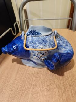 Vintage Keramiek Hand Geschilderd Koi Karper Fish Theepot Made In China