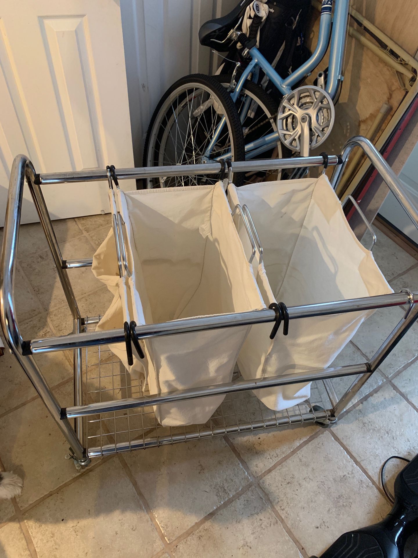 Heavy-Duty 2-Bag Laundry Sorter with Wheels - Chrome & Off White