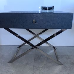 **2 MODERN FAUX ALLIGATOR LEATHER & CHROME NIGHTSTANDS**