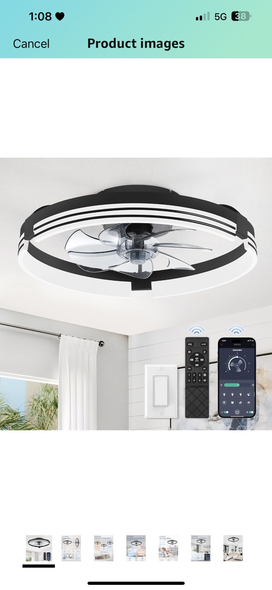 Low Profile Ceiling Fans with Lights and Remote, 20 Inch Flush Mount Ceiling Fan with Light, 3000K-6000K Dimmable Fandelier LED Fan Light, 6 Wind Spee
