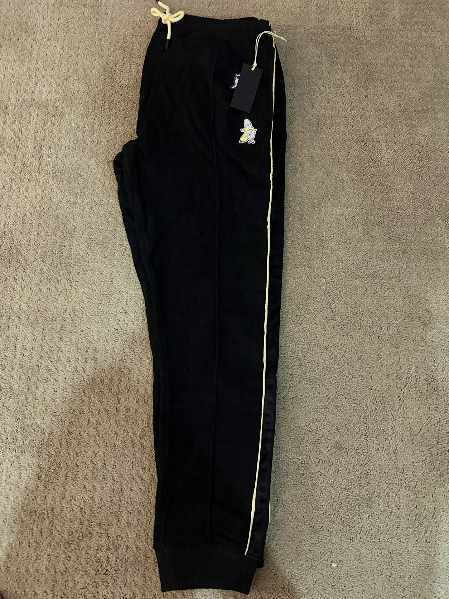NWT Bananas Monkey Black Yellow Terry Velvet Track Pants Joggers Sweatpants