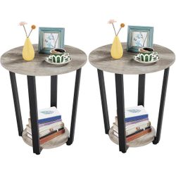 End Table Set of 2, Round Side Table with Storage Shelf & Metal Legs, Small End Table for Living Room Home Office, Accent Furniture, Easy Assemble, Gr