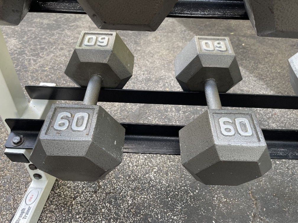 PAIR OF PERFECT CONDITION  :  60 LB.  STEEL  HEX DUMBBELLS 