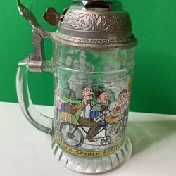 Vintage Radlerseidel Original Glass Beer Stein W/ Pewter Lid & Bell West Germany