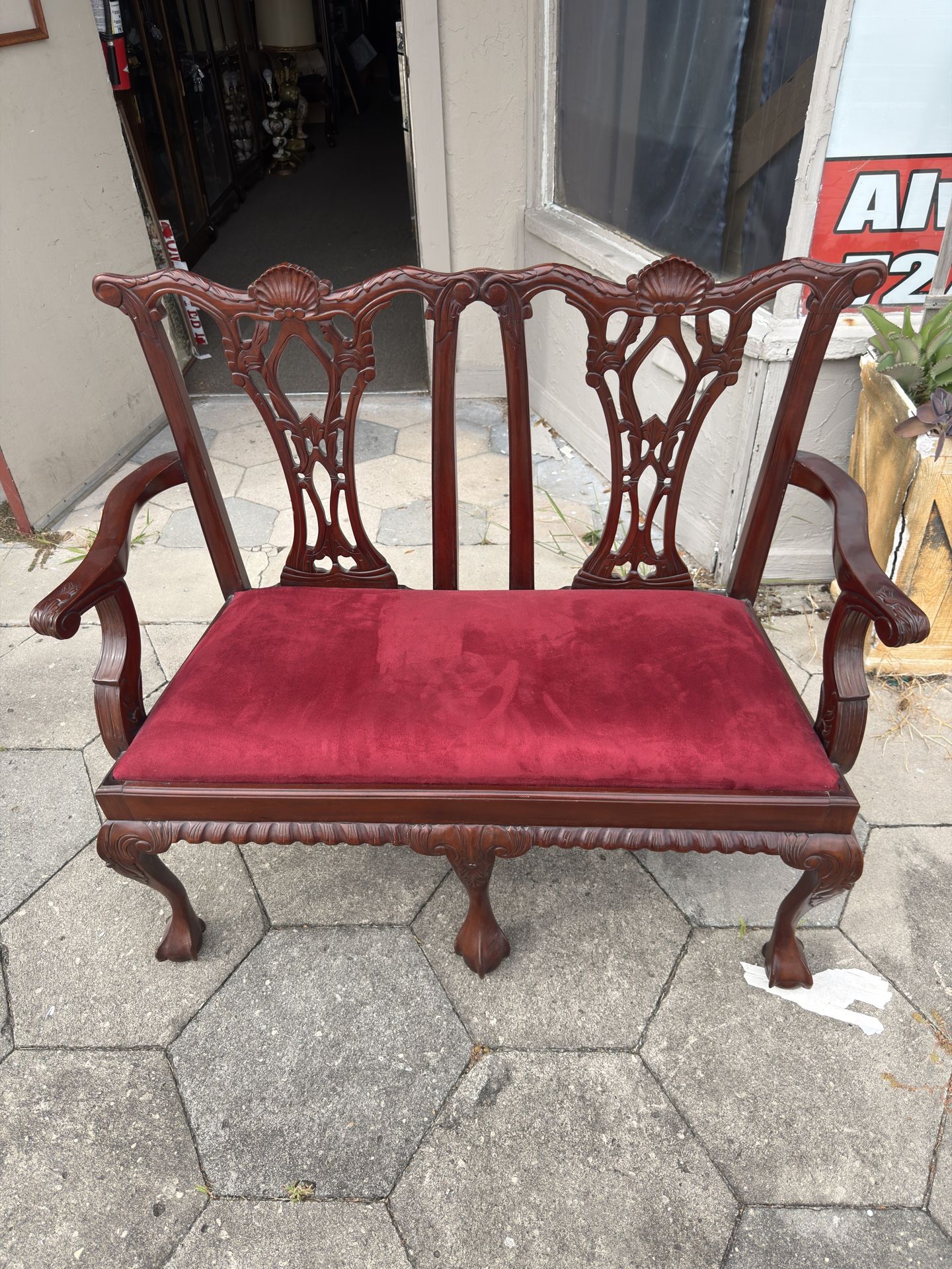 Chippendale 2 Seat Settee Bench Red Seat Carved Mahogany 