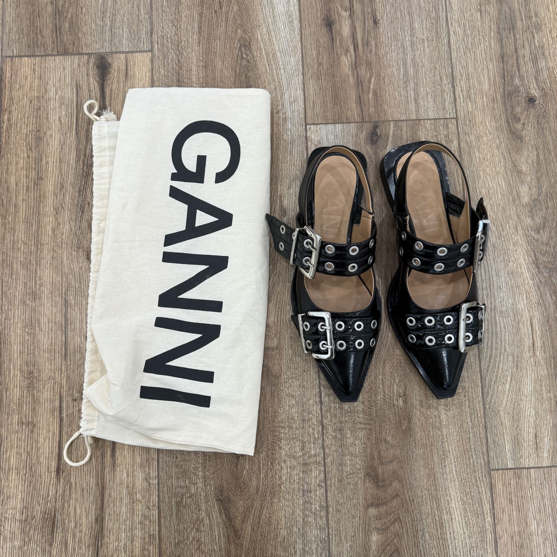 GANNI Black Buckle Ballerina Flats 