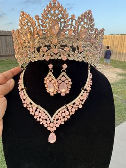 Rose Gold Pink Crown & Jewelry Set – Luxury Quinceañera Princess 👑💖