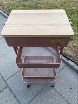 Rolling Utility Cart, 3 Tiers Metal Mesh Storage w/ Detachable Wooden Top