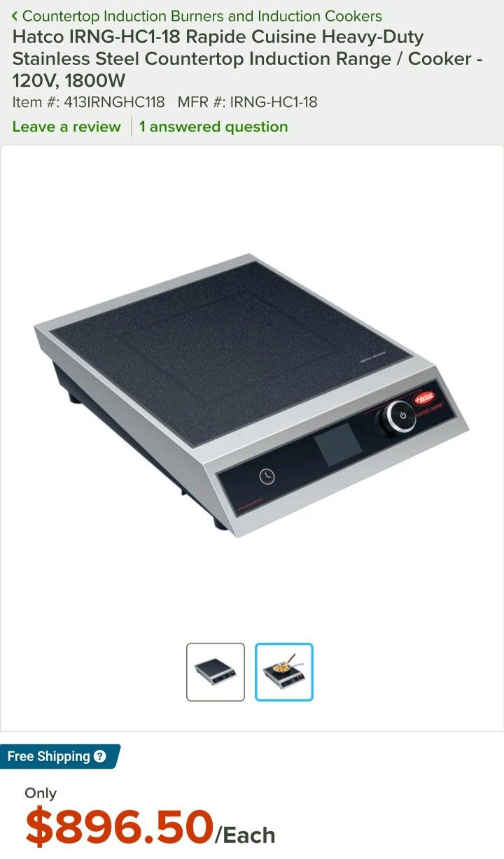 Hatco IRNG-HC1-18 Rapide Cuisine Heavy-Duty Stainless Steel Countertop Induction Range / Cooker - 120V, 1800W