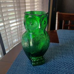 Vintage MCM green Glass Owl Pitcher