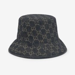 Gucci GG Supreme Monogram Denim Canvas Bucket Hat Black w Calf Leather Trim