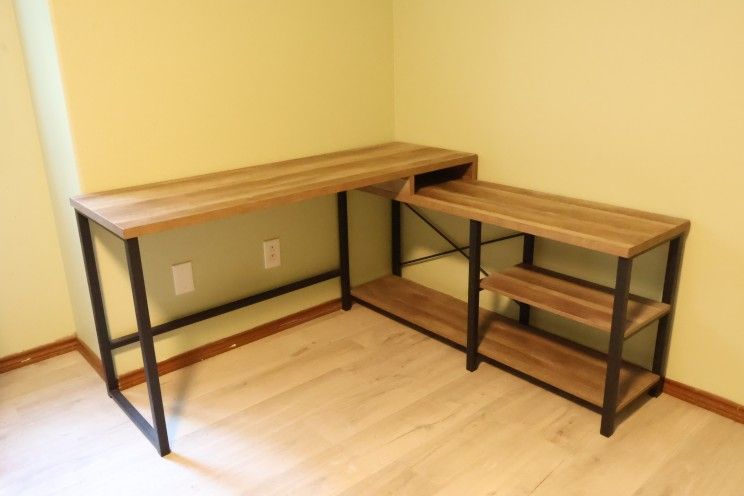 L Shaped Computer Desk with Storage Shelves, Reversible