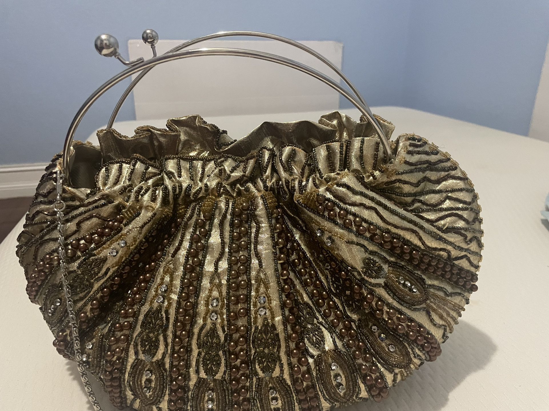vintage bronze beaded evening bag \ heavily embellished \ clamshell handbag
