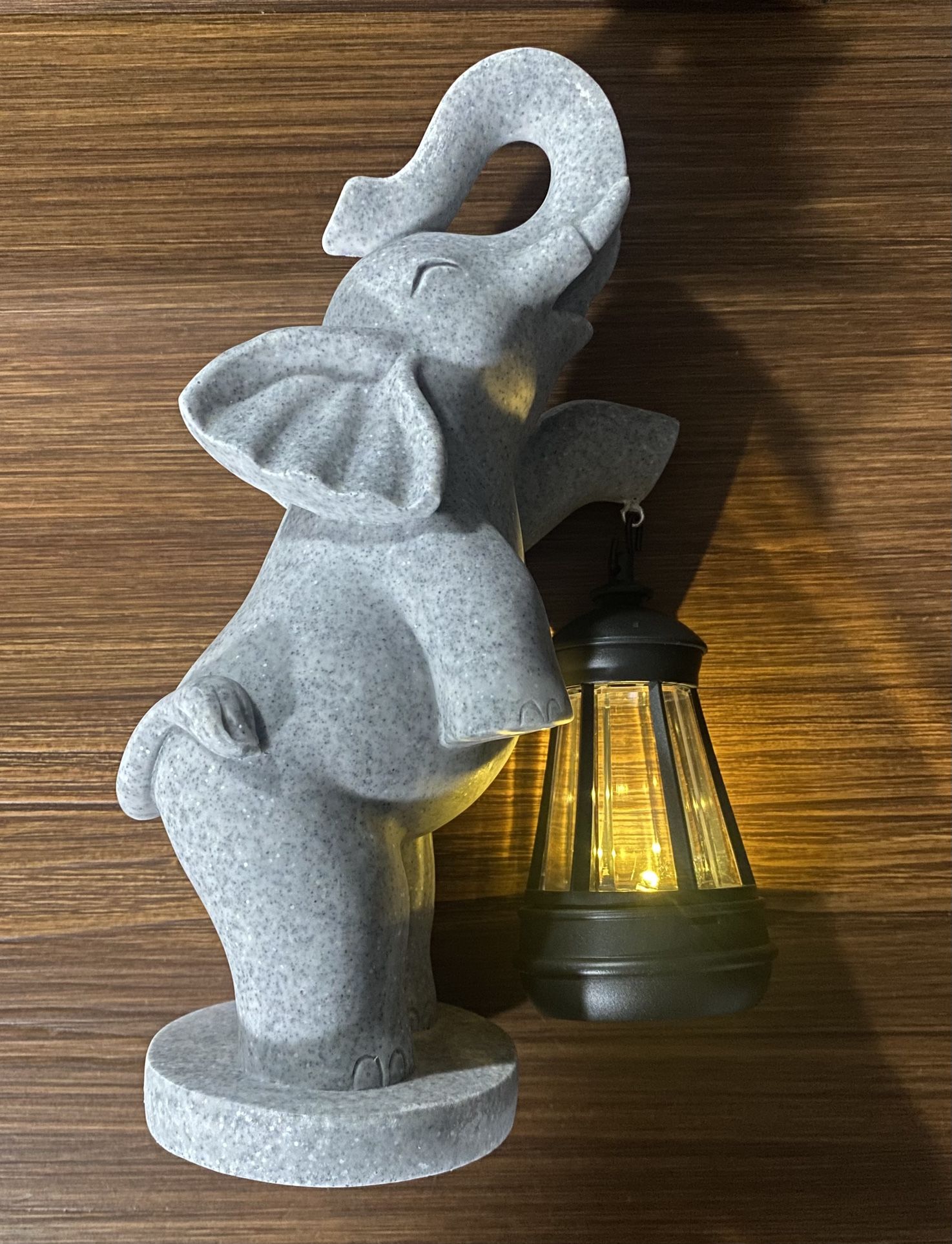 Grey Elephant Garden Statue w/ Solar Lantern Patio/Porch Light Gift (New in Box)