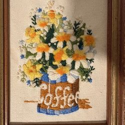 Small 8” Tall Vintage Needlepoint Art Flowers in Coffee Can