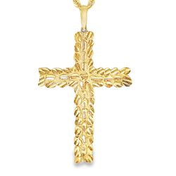 10k Yellow Gold Nugget-Style Cross Pendant Chain Necklace 