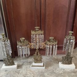 Brass and Crystal Girandole 3 Piece Mantle Candle Holders 1850s
