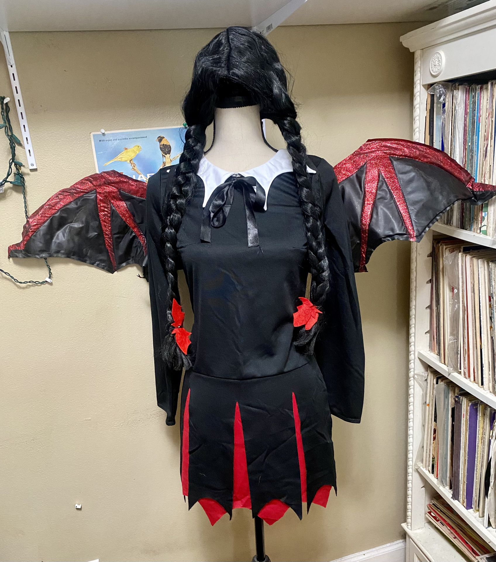 VERY BAT GIRL Teen Size Dress Wings Wig & Doll Wednesday Adams Halloween Costume