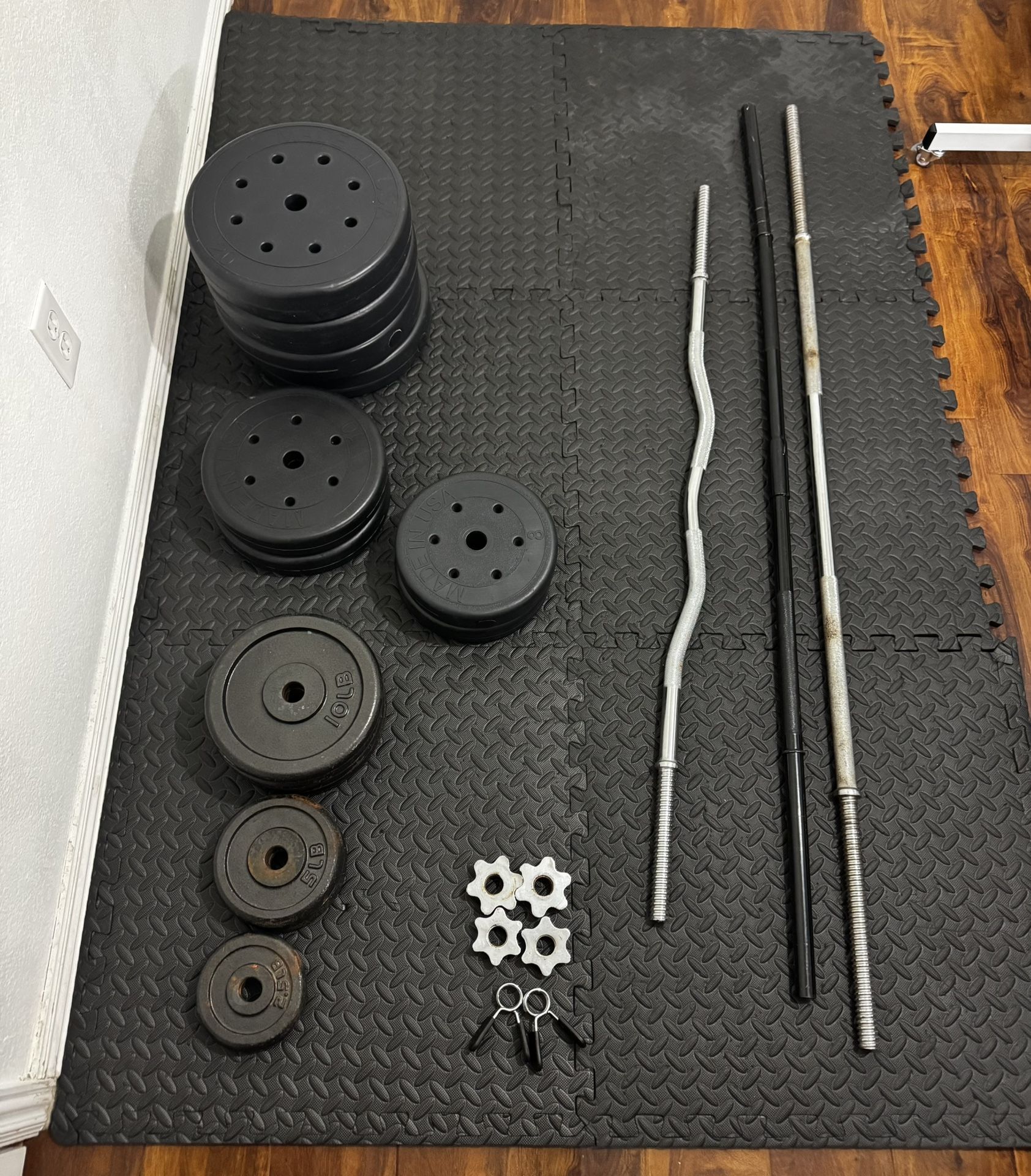 170lb Weight Set- 2 Bars + Ez Curl Bar, Plates, Mats