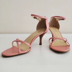 Ann Taylor Loft Leather Ankle Strap 3” Wood Heel Sandals | Like New | Size 8W | Pink  