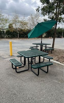 (Used) 2x ULINE commercial-grade metal mesh picnic table w/ attached benches + 1x large umbrella