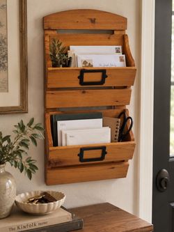 Wood Wall-Mounted Mail Organizer Two Pockets